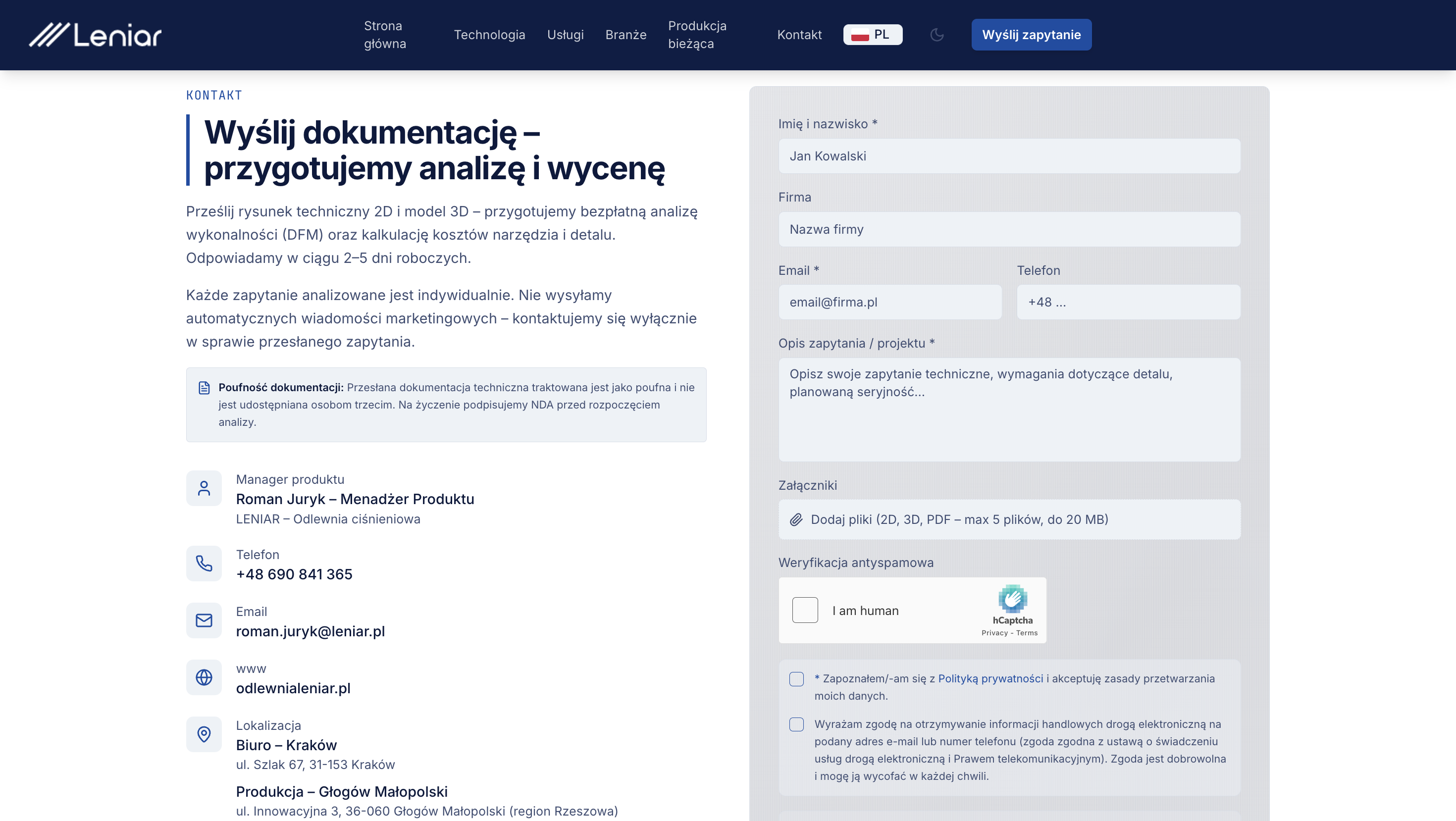 Strona Leniar — formularz zapytania z analizą DFM